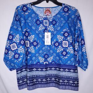 Johnny Was Linen Top Small Blue Floral Bandana Boatneck Ciena NWT